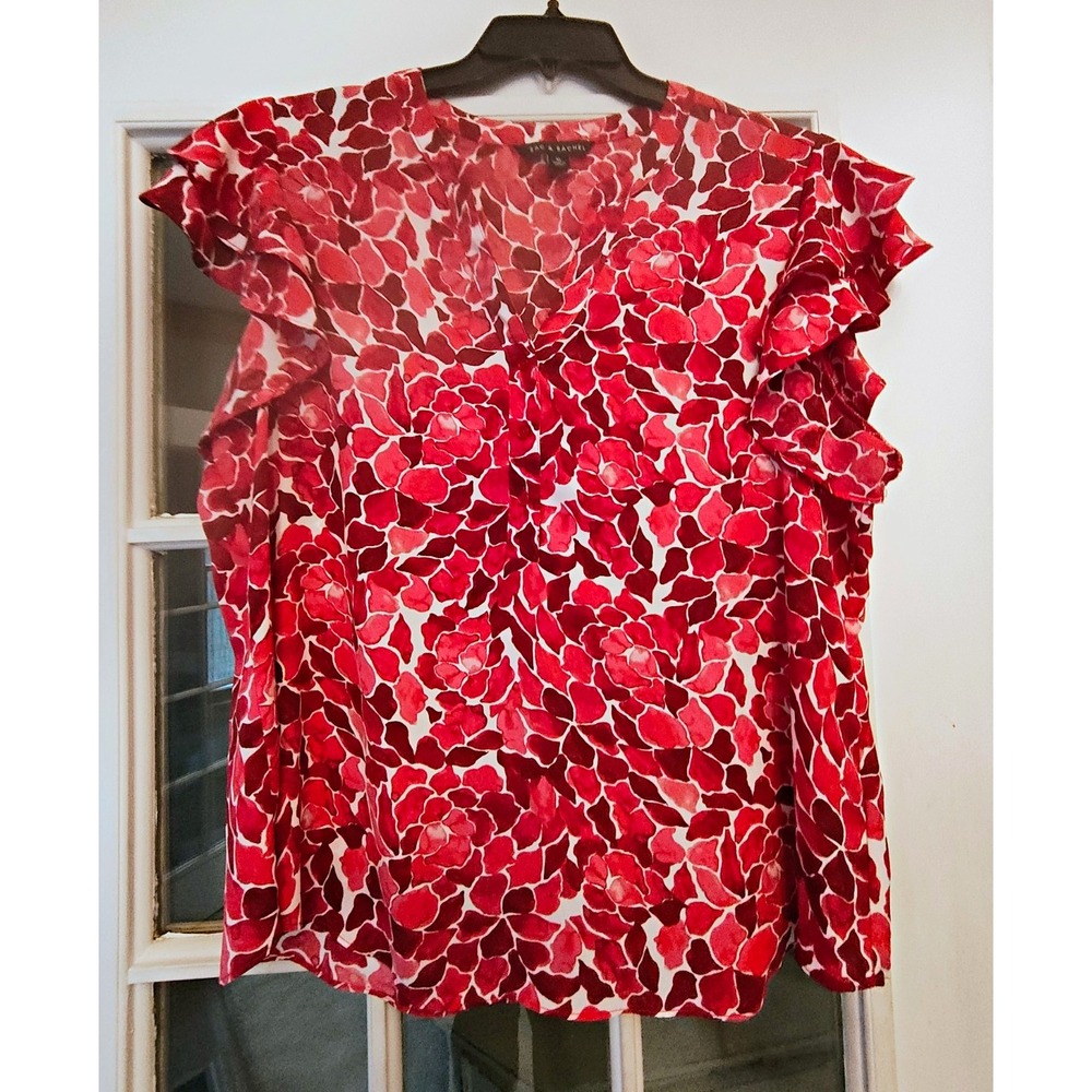 Zac & Rachel XL Red Pink Floral Ruffle Sleeve Blouse V Neck Roma